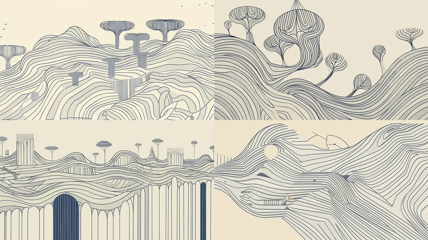 Surreal Linework Landscapes in Monochromatic Tones - Midjourney sref style