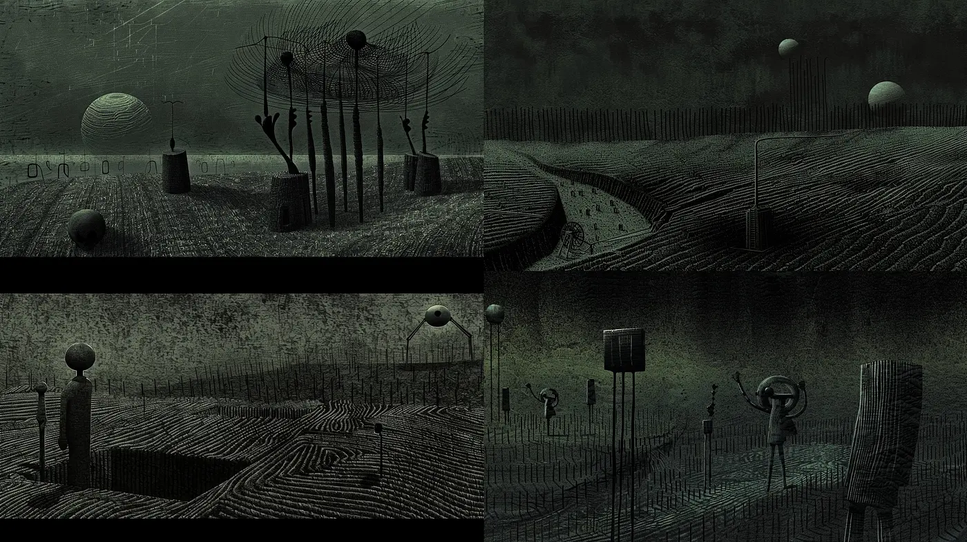 Eerie Nocturne: A Homage to Surrealist Echoes in Monochromatic Textures - Midjourney sref style