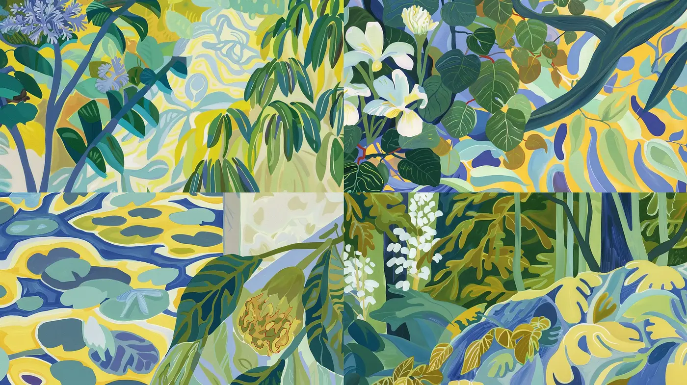 Contemplative Botanical Tapestry: A Fusion of Nature and Stylized Expression - Midjourney sref style