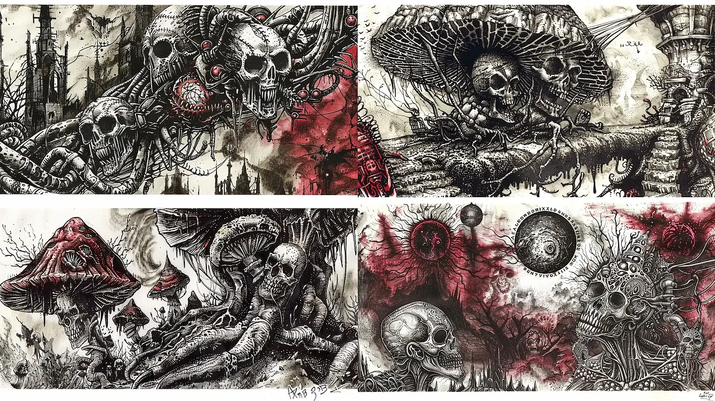 Dark Surrealism with Macabre Themes and Intricate Details - Midjourney sref style