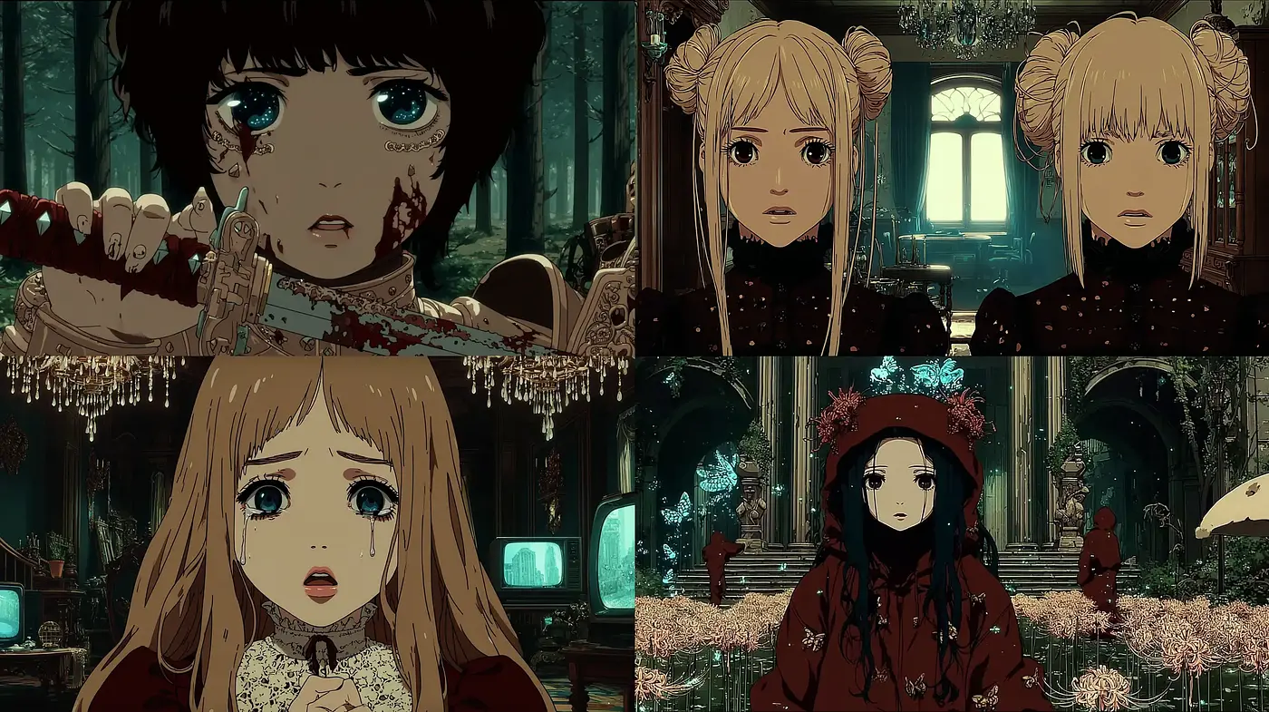Dark, surreal, and emotionally charged aesthetic with anime influences - Midjourney sref style