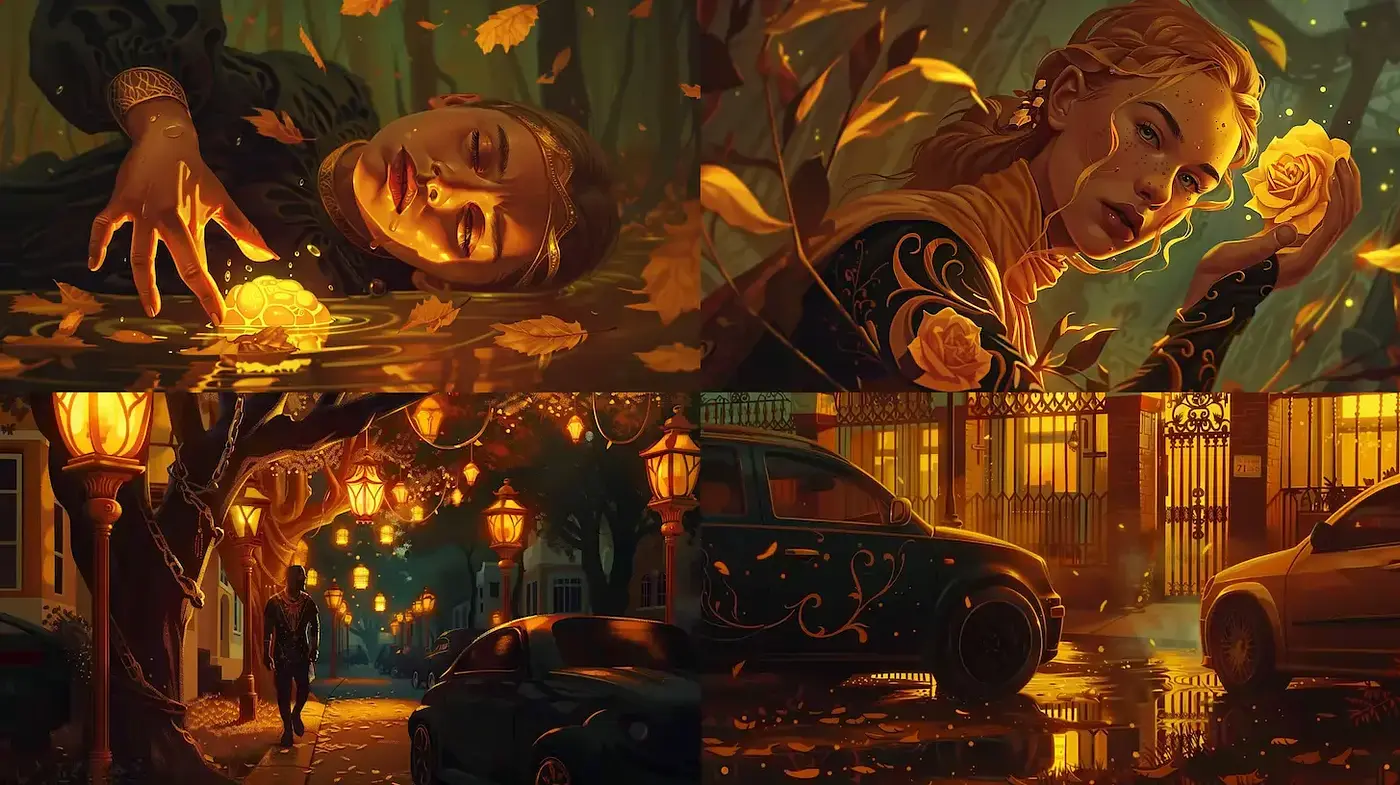 Enchanting Atmosphere with Surreal Elements Reflecting an Artistic Journey - Midjourney sref style