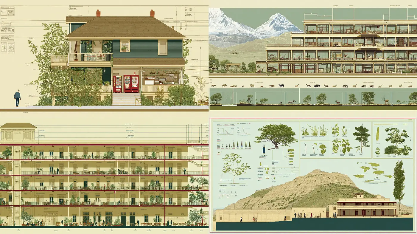 Contemporary Architectural Illustrations with Naturalistic Elements - Midjourney sref style