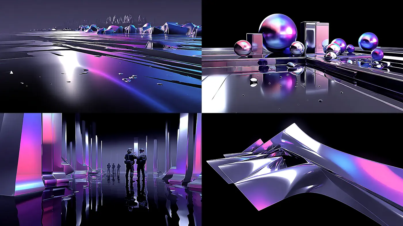 Futuristic and sleek reflections with a blend of vibrant colors - Midjourney sref style