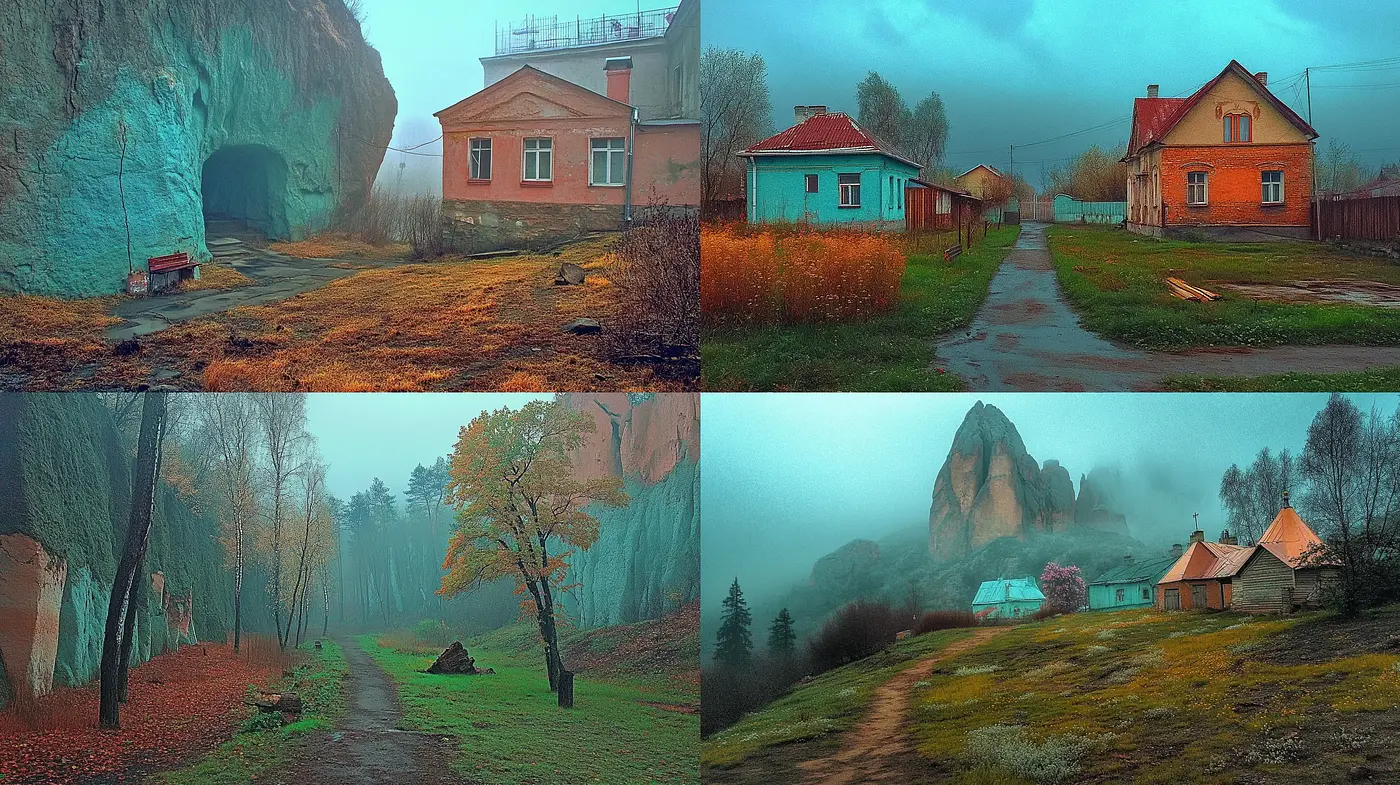 Misty Rural Ambience with a Surreal Twilight Hue - Midjourney sref style