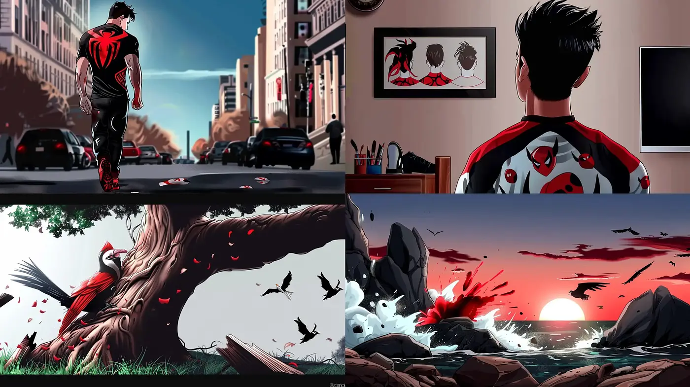 Dynamic Graphic Novel Imagery with Bold Contrasts and Splashes of Red - Midjourney sref style