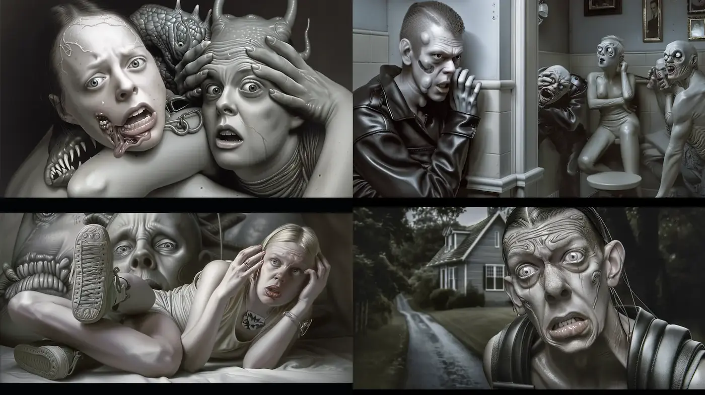 Surrealistic Tension with Grotesque Elements in Monochrome - Midjourney sref style