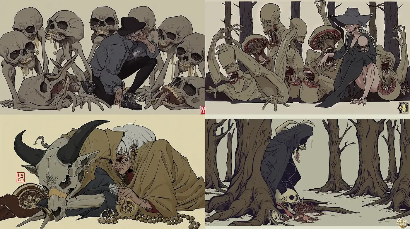 Darkly Whimsical and Macabre Art Style with Narrative Depth - Midjourney sref style