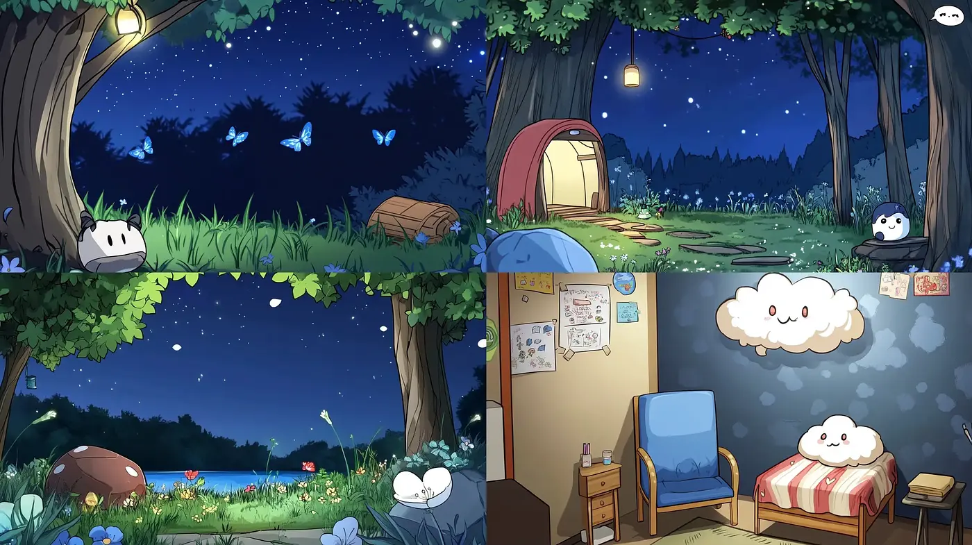 Tranquil Nightscapes with Whimsical Anime Essence - Midjourney sref style