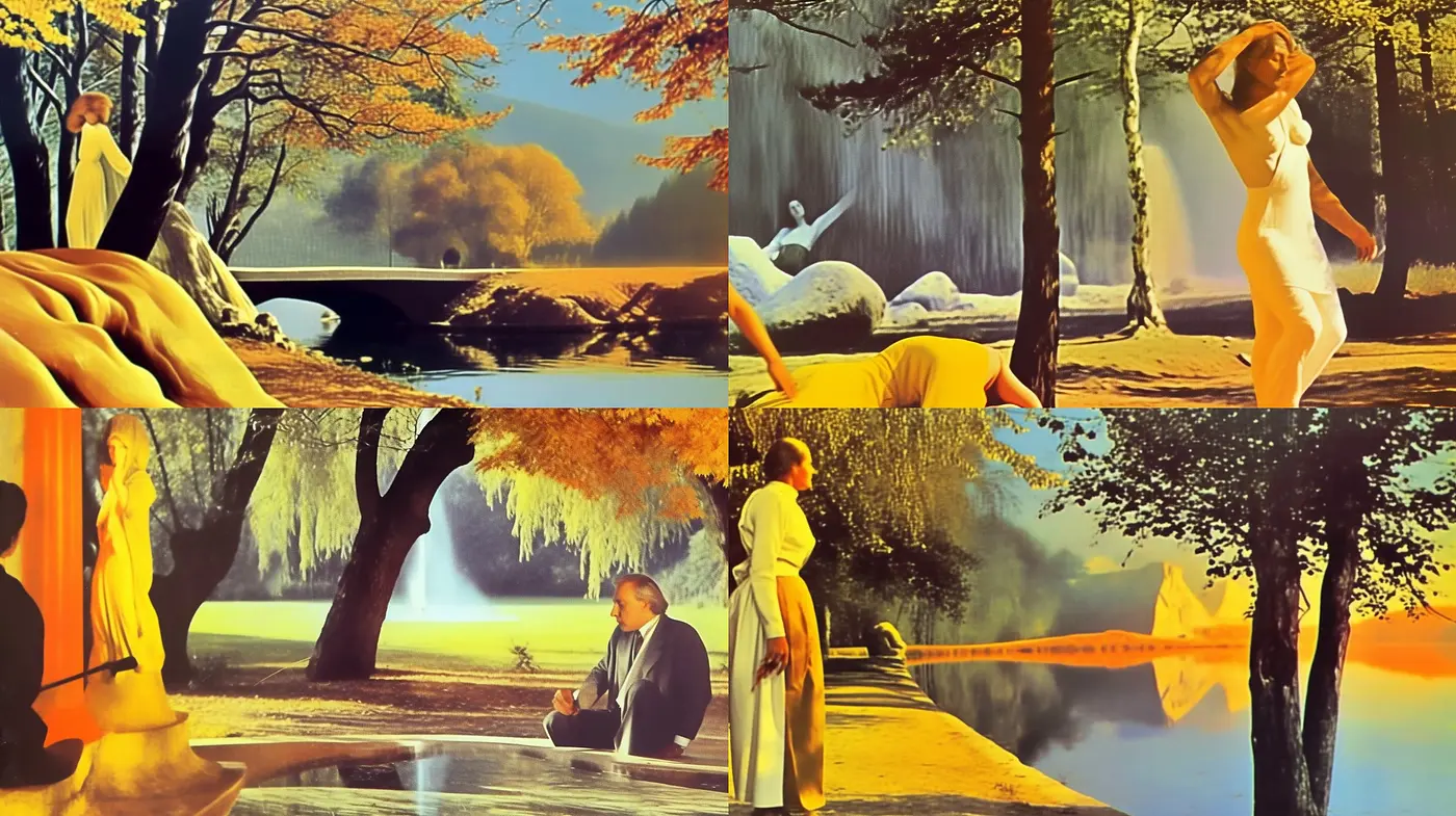 Golden Hour Dreams: Reflective Tranquility in a Consistent Evocative Palette - Midjourney sref style