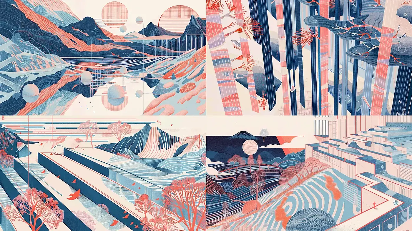 Explorative Geometric Landscapes with a Harmonious Palette - Midjourney sref style