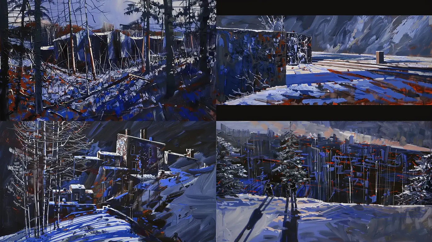 Stark Contrast and Dynamic Brushwork in Semi-Abstract Landscapes - Midjourney sref style