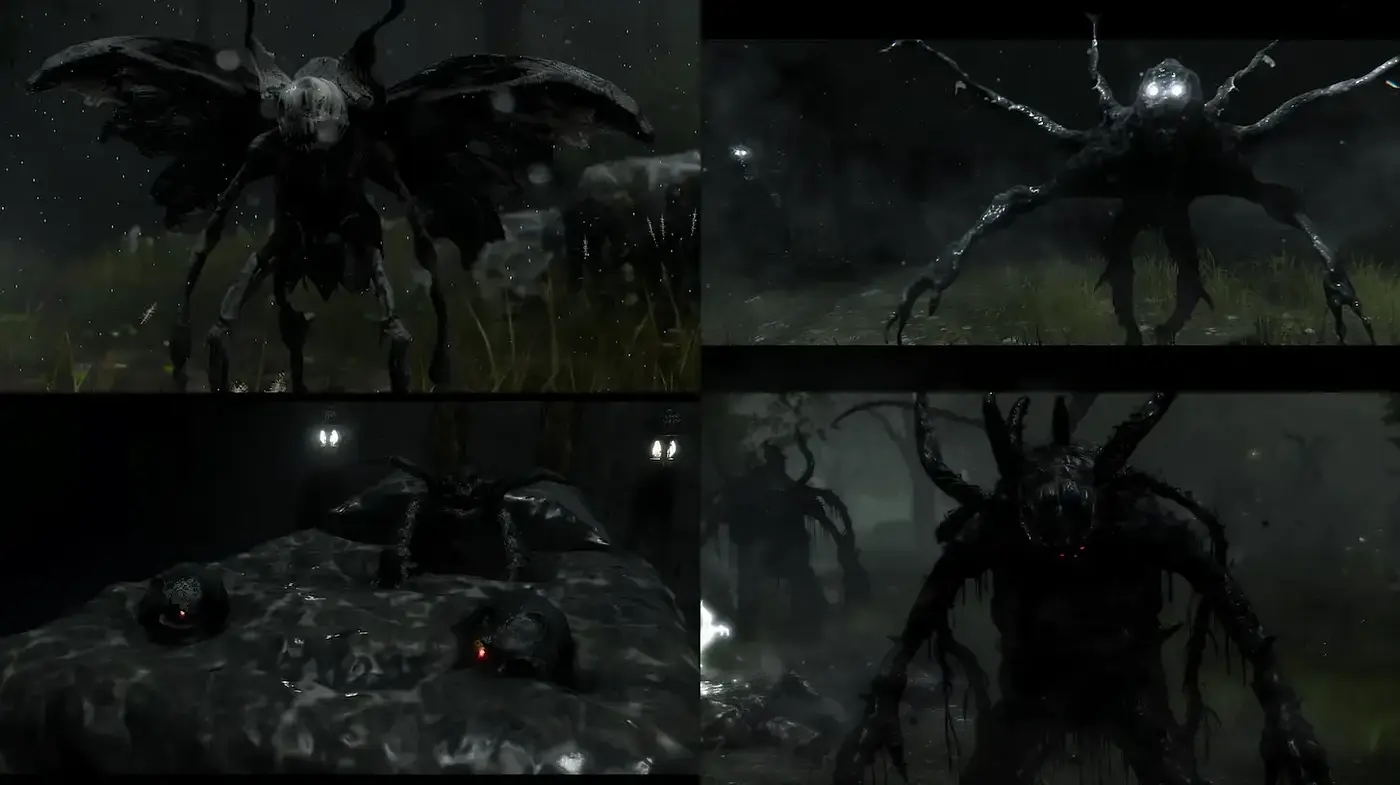 Gloomy Monochrome Fantascape: A Study in Dark Tones and Surreal Forms - Midjourney sref style