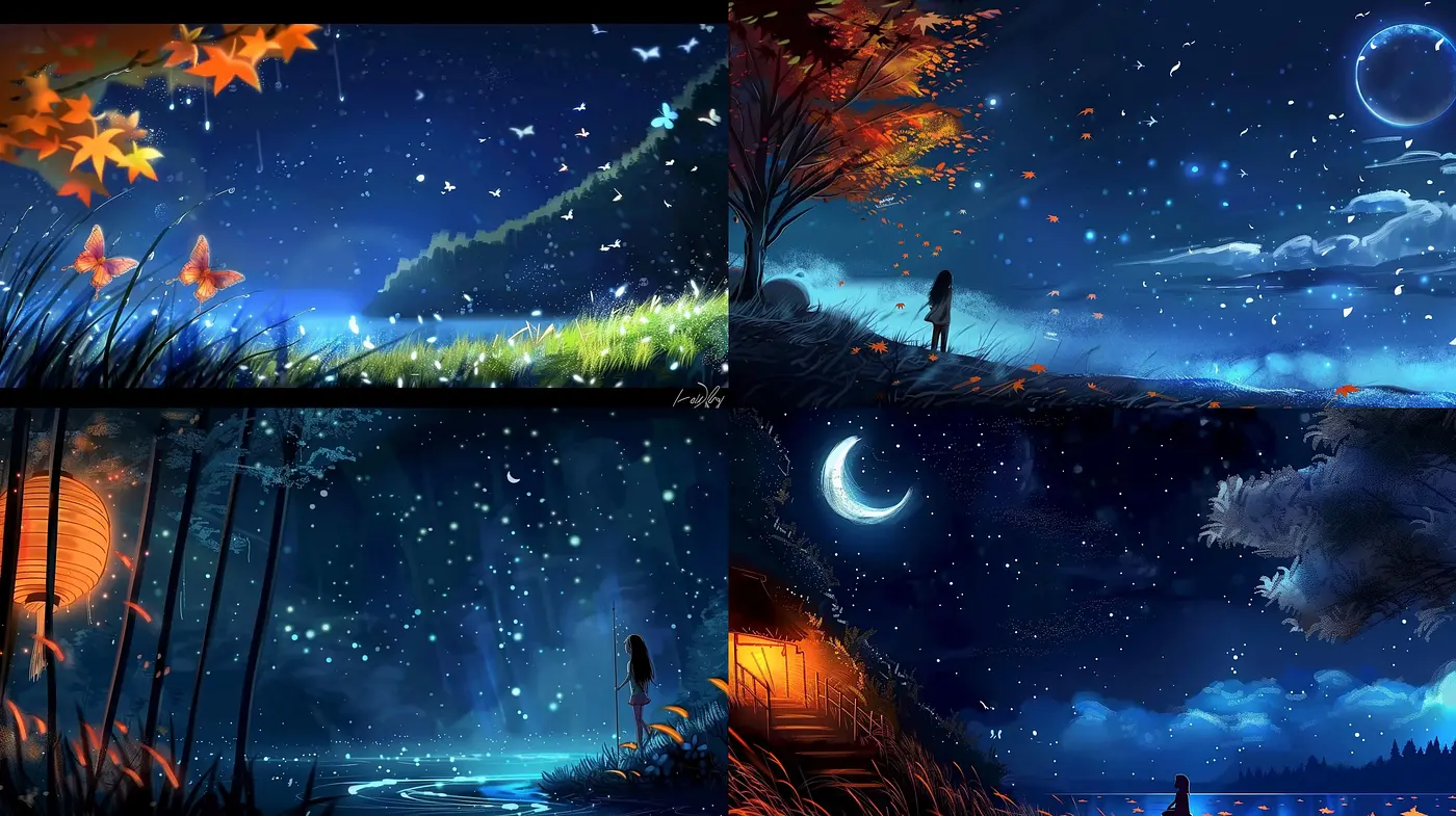 Ethereal Nocturnal Landscapes: A Dreamlike Fusion of Blues and Oranges - Midjourney sref style