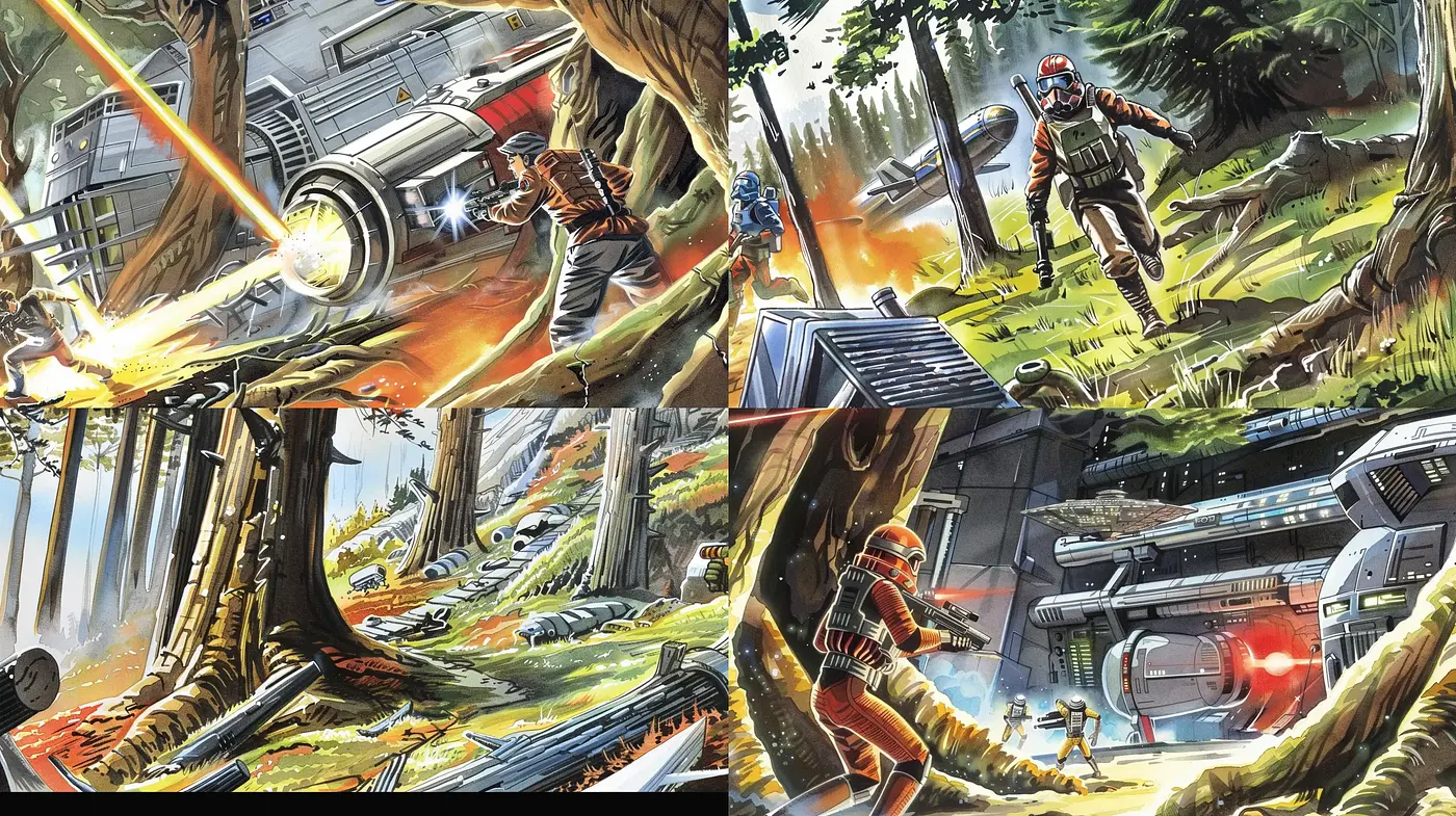 Dynamic Sci-Fi Adventure Illustration Suite - Midjourney sref style