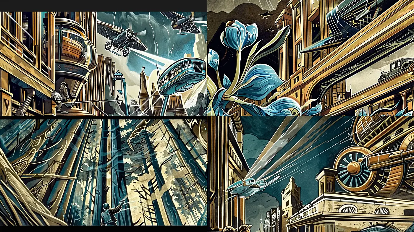 Futuristic Steampunk Visions with a Retro Comic Book Aesthetic - Midjourney sref style