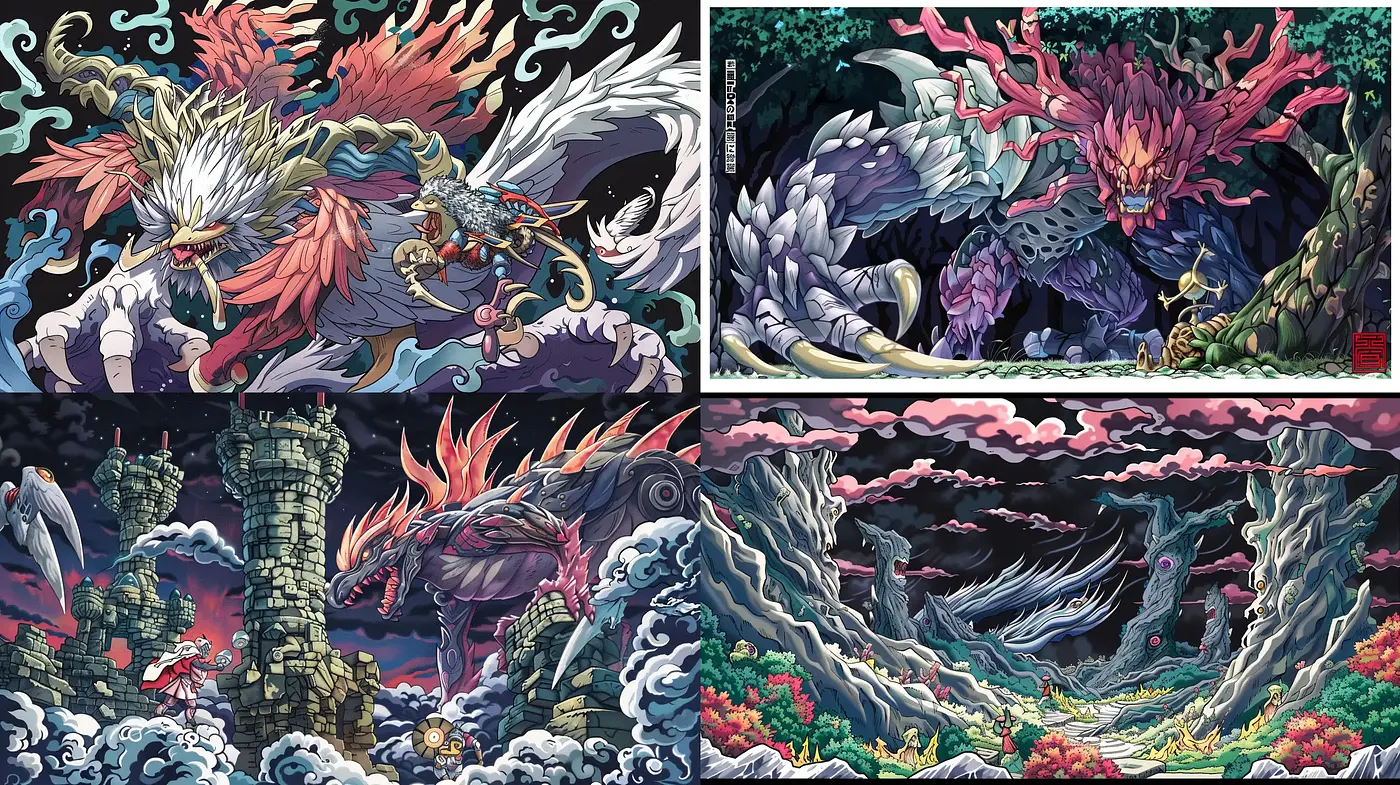 Mythological Maelstrom in Saturated Hues: A Fusion of Ukiyo-e Dynamism and Modern Fantasy Artistry - Midjourney sref style