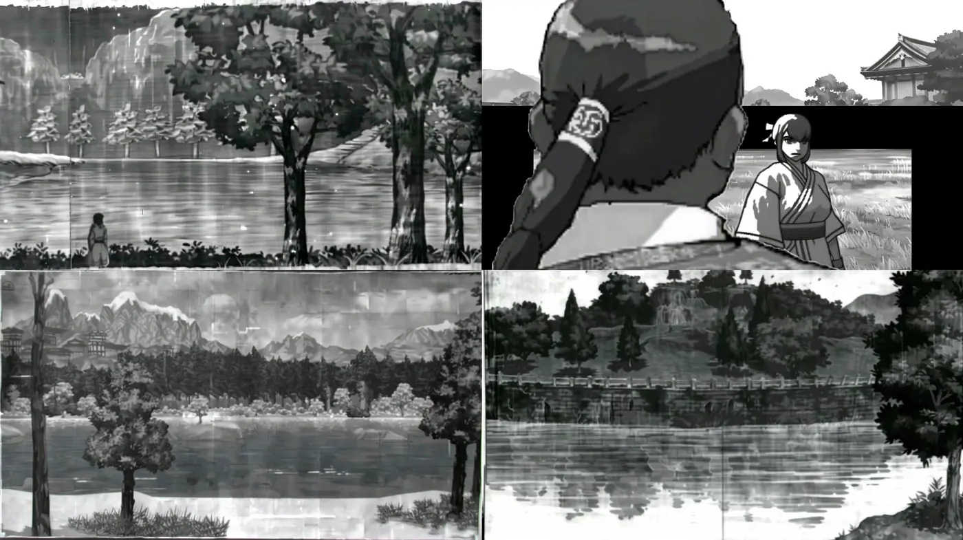 Monochromatic Reflections of Serene Landscapes and Anime Figures - Midjourney sref style