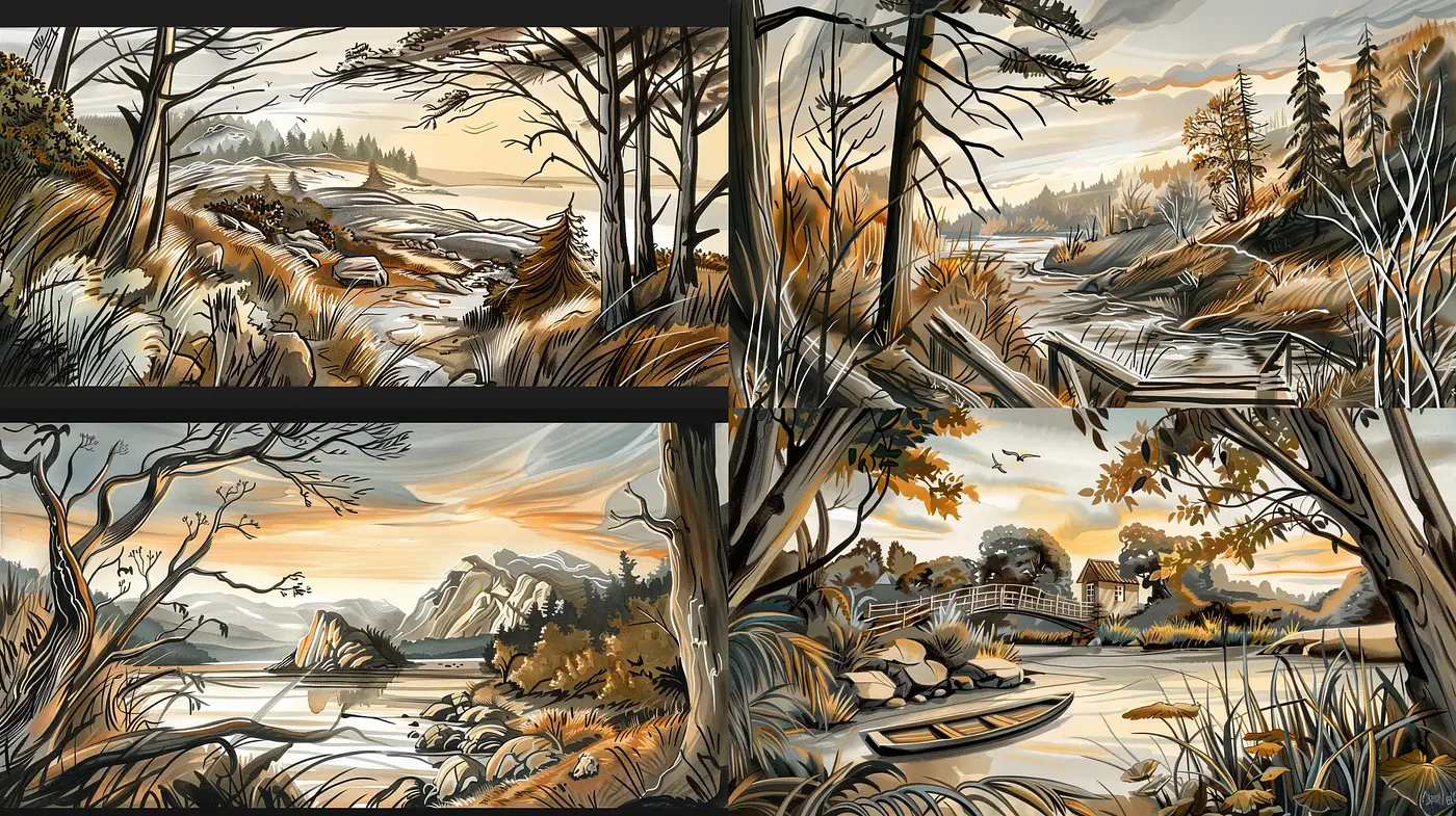 Warm Toned Serigraphic Nature Vistas - Midjourney sref style