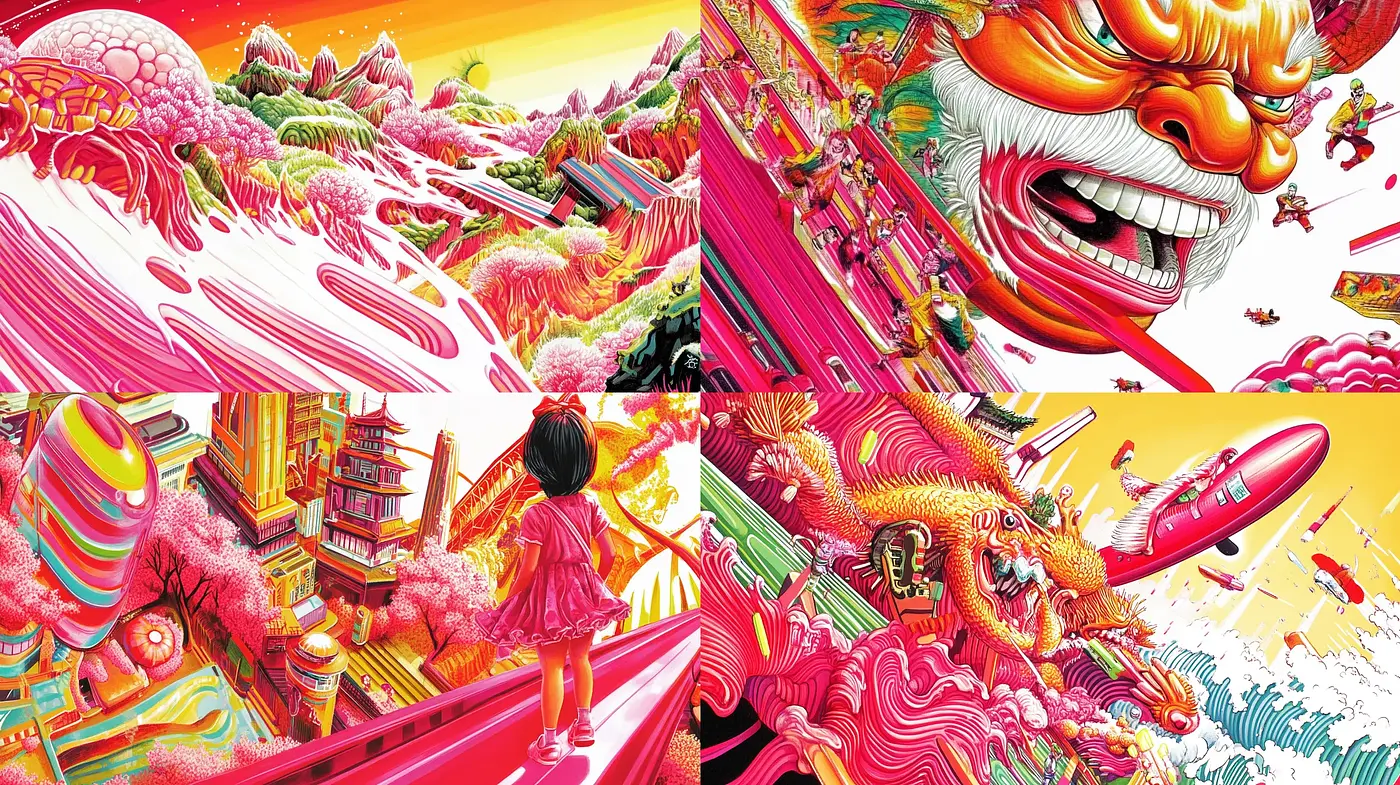 Psychedelic Panorama: A Fusion of Neon Luminescence and Eastern Mythology - Midjourney sref style