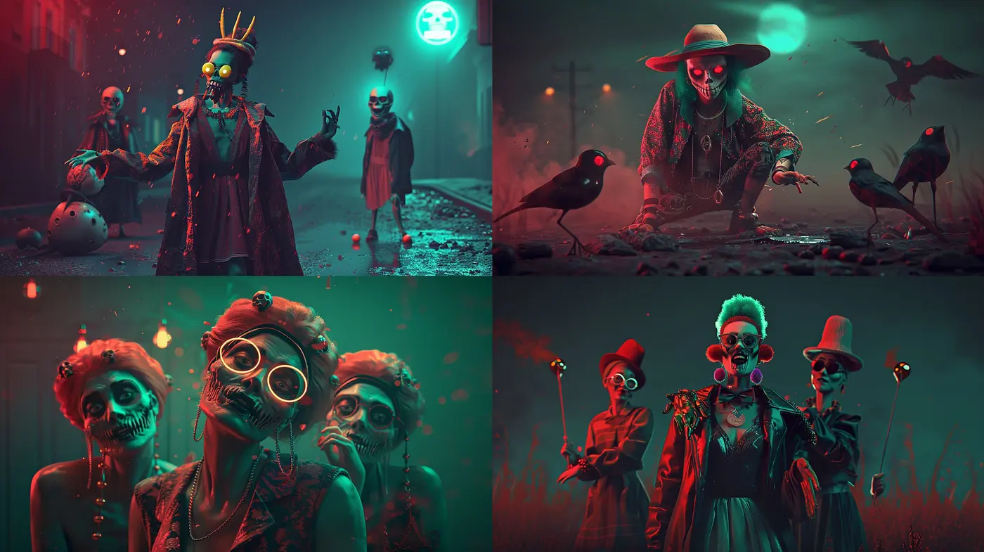 Macabre Carnival: A Fusion of Surrealism and Post-Apocalyptic Elegance in Neon - Midjourney sref style