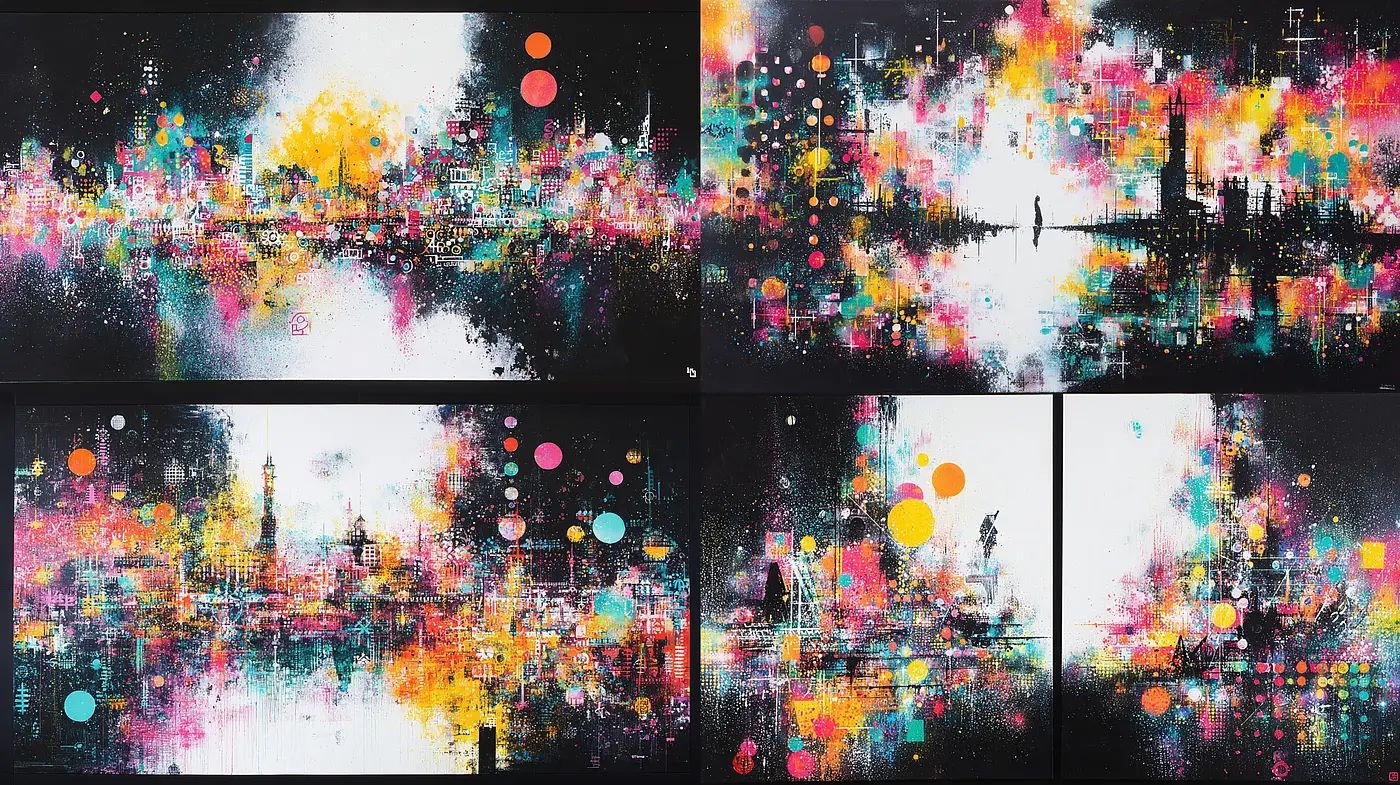 Vibrant urban abstraction with a contemporary touch reminiscent of digital art - Midjourney sref style