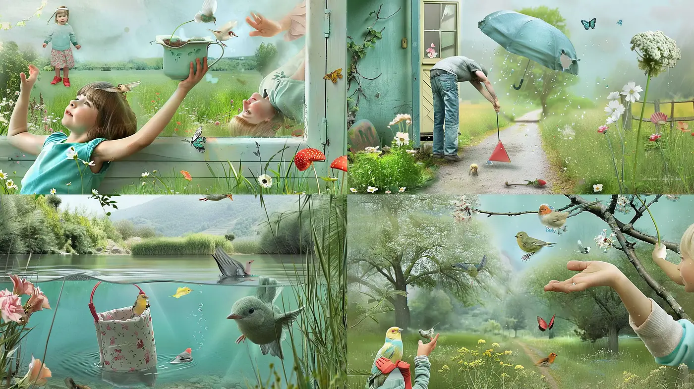 Serene Pastoral Dreamscapes with Surreal Elements - Midjourney sref style