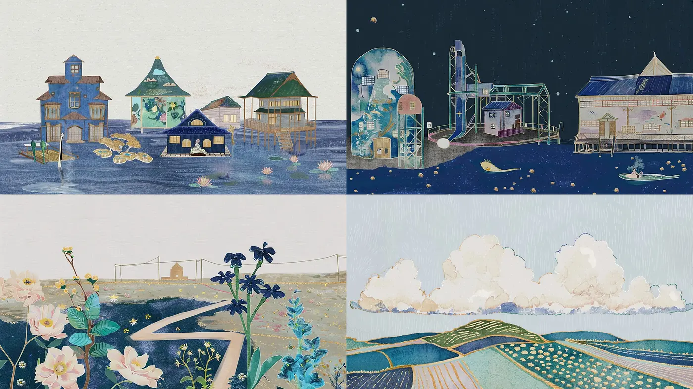 Tranquil Narratives in Stylized Pastel Landscapes: A Composite of Serenity and Detail - Midjourney sref style