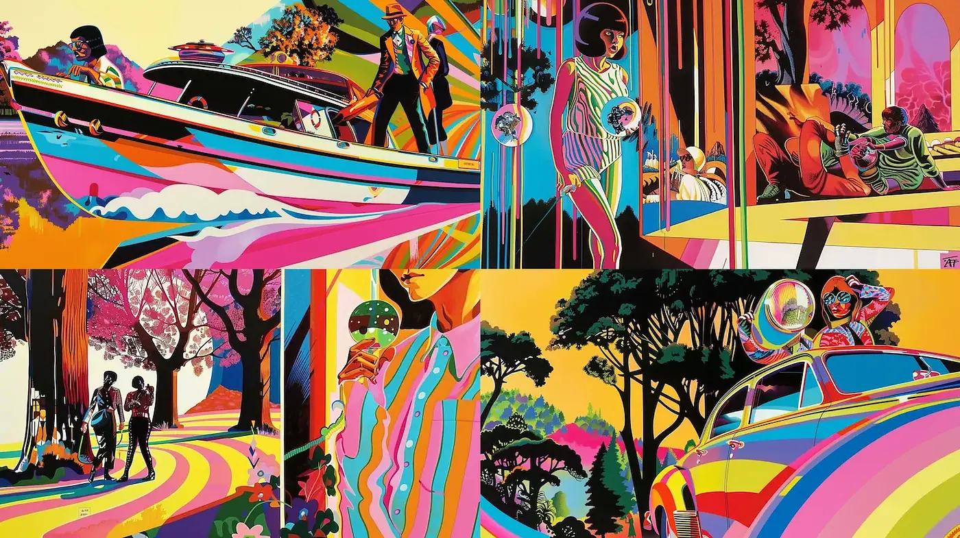 Vibrant and Retro Artistic Scenes Emphasizing Whimsical Elements - Midjourney sref style