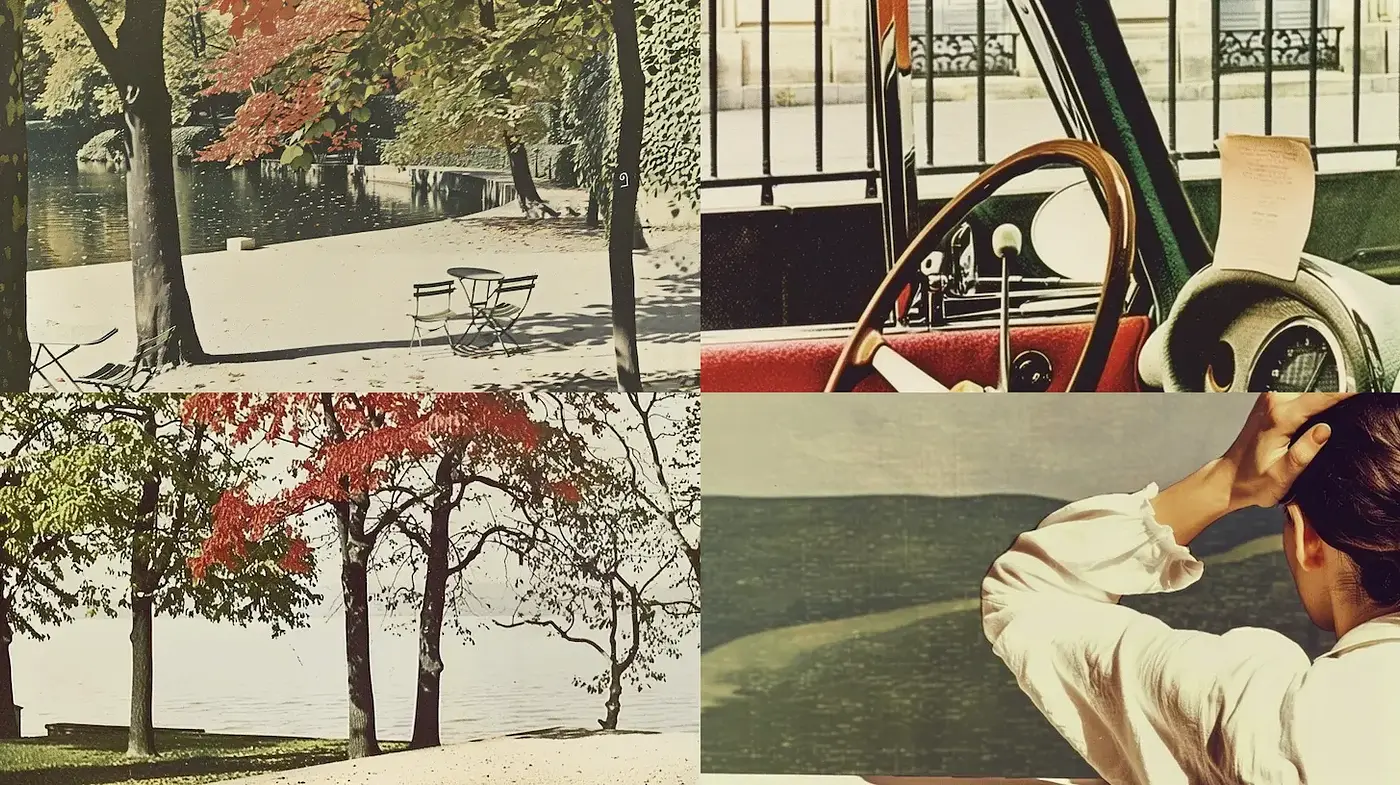 A nostalgic blend of serene outdoor landscapes and vintage car interiors - Midjourney sref style