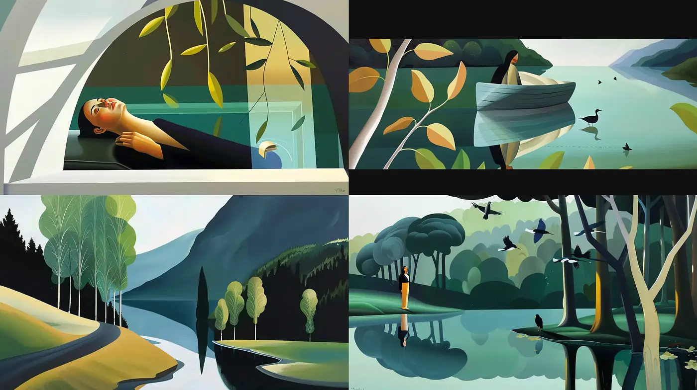 Tranquil Interplay of Light and Nature in Stylized Landscapes - Midjourney sref style