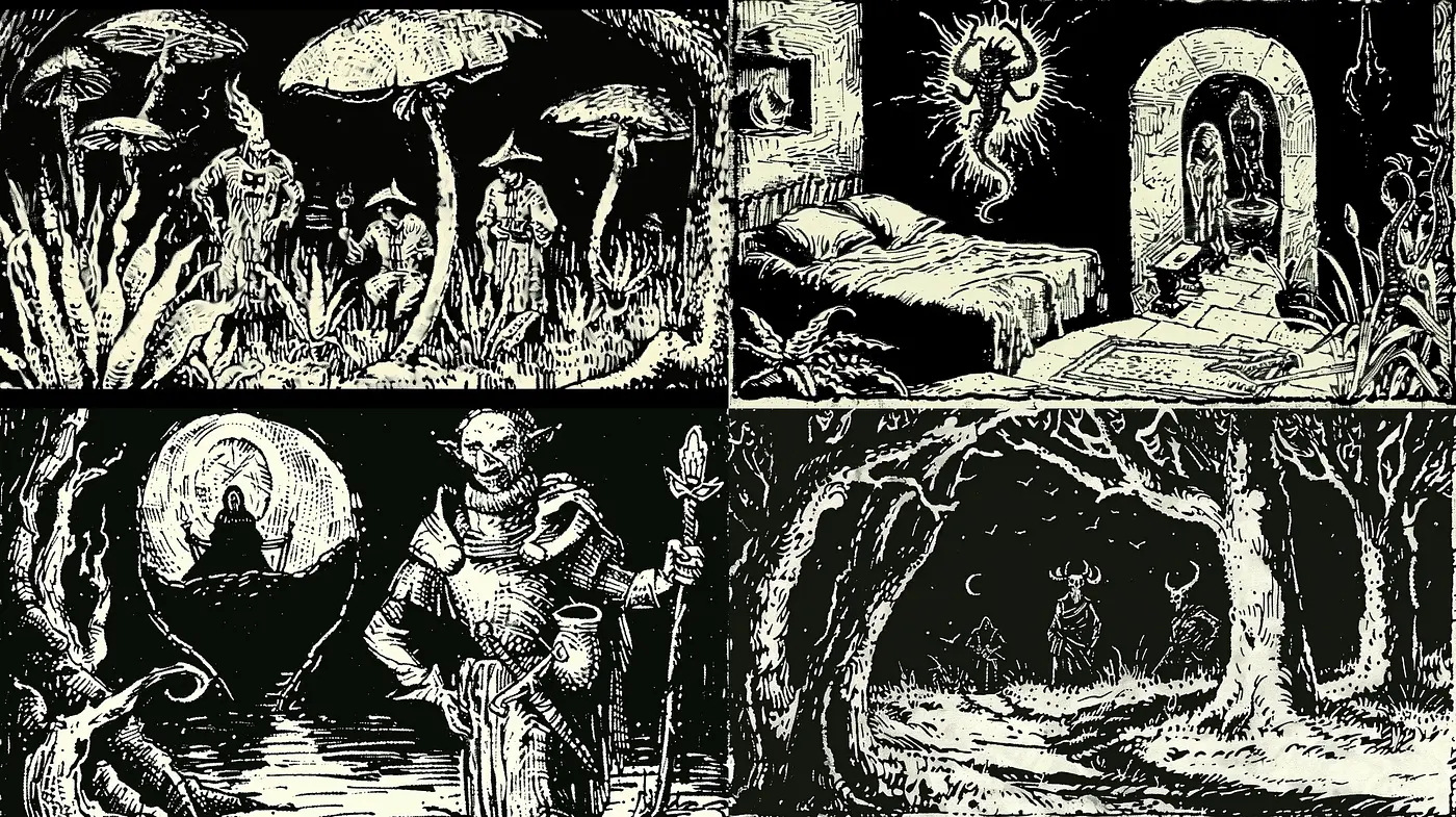 Enigmatic Nocturnal Engravings with a Mystical Essence - Midjourney sref style