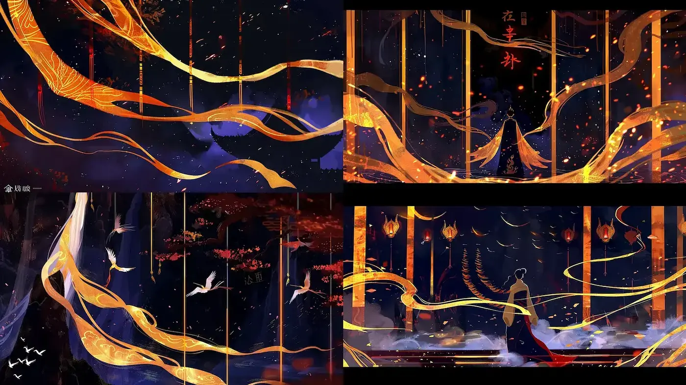Ethereal Enchantment with a Fusion of Warm Tones and Flowing Motifs - Midjourney sref style