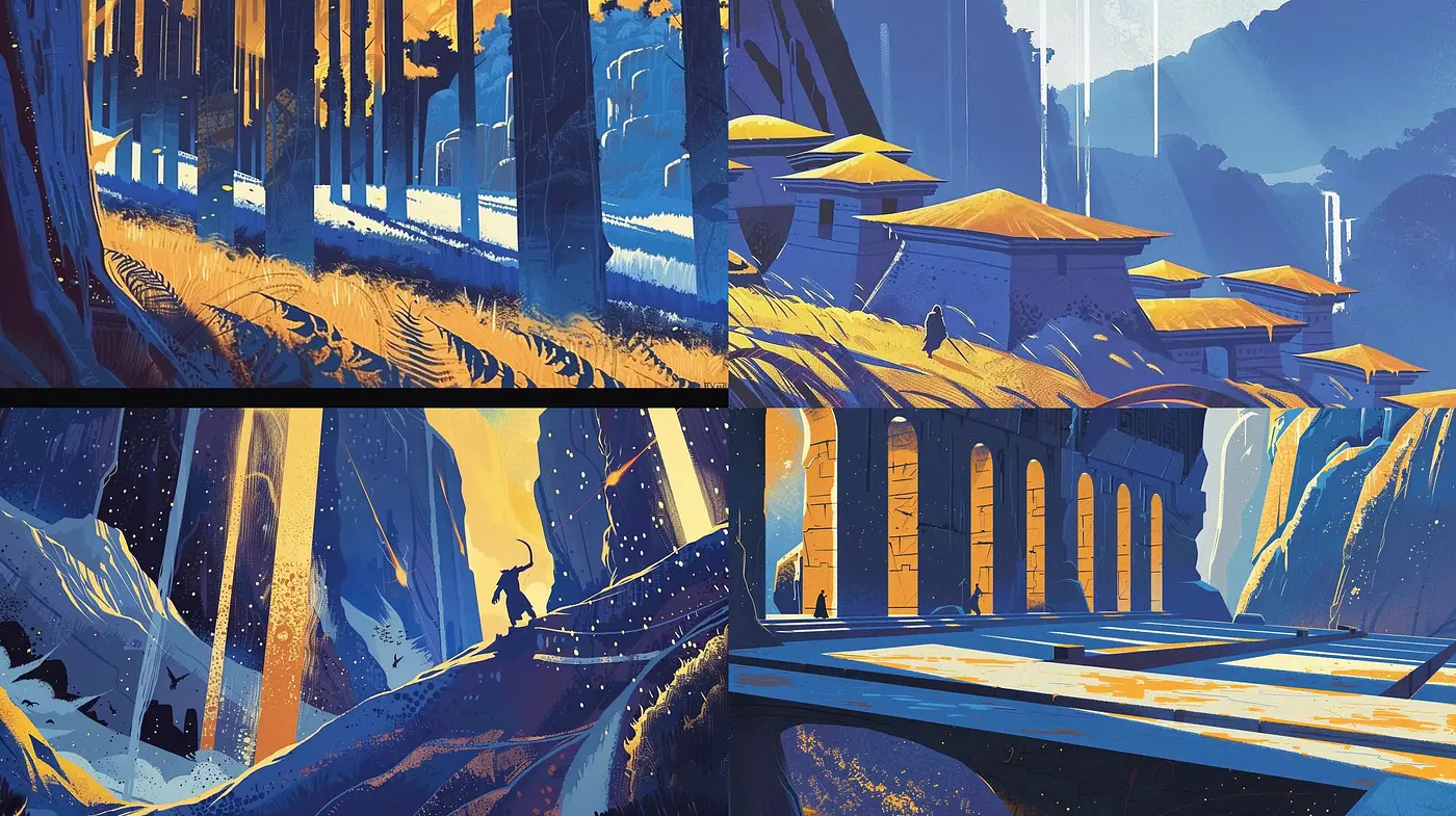 Luminous Contours in Stylized Mythic Landscapes - Midjourney sref style