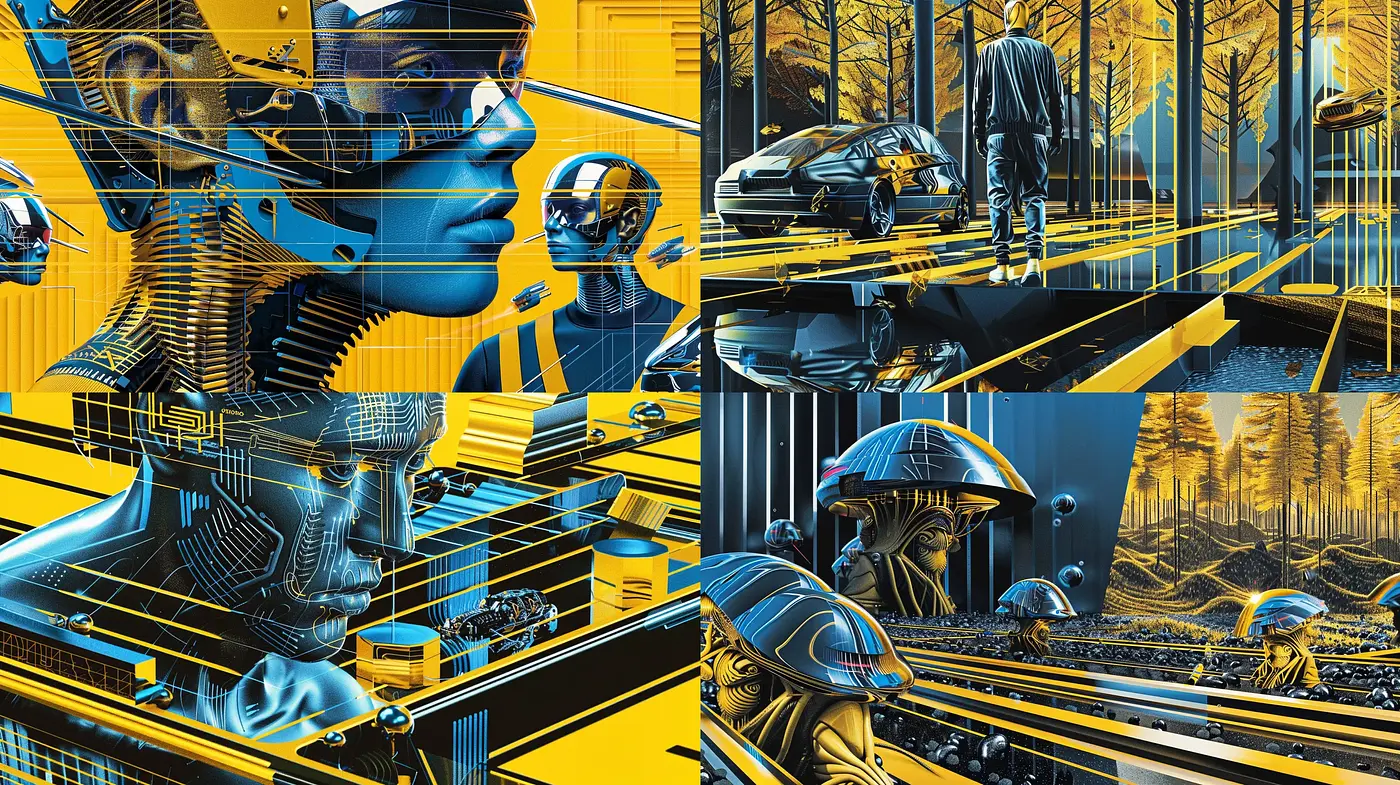 Cybernetic Synthesis: A Fusion of Technology and Art in Blue and Yellow - Midjourney sref style
