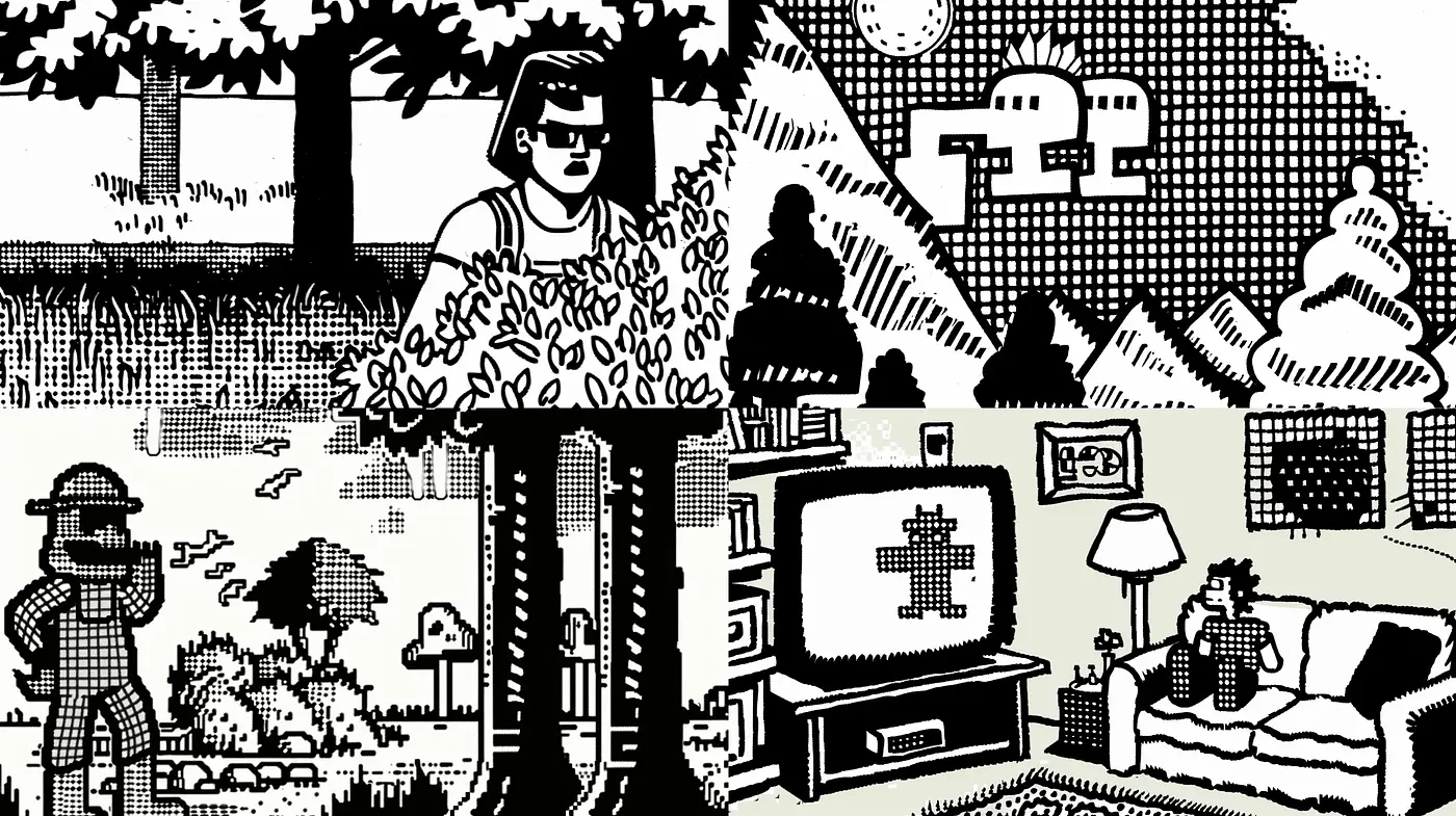 Monochromatic Retro Digital Crosshatch Tapestry - Midjourney sref style