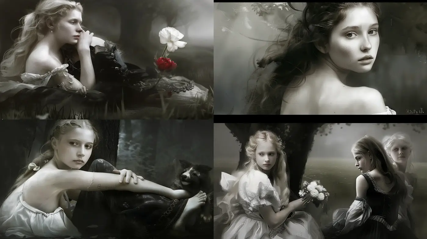 Ethereal Monochromatic Dreamscape with Romantic Realism - Midjourney sref style