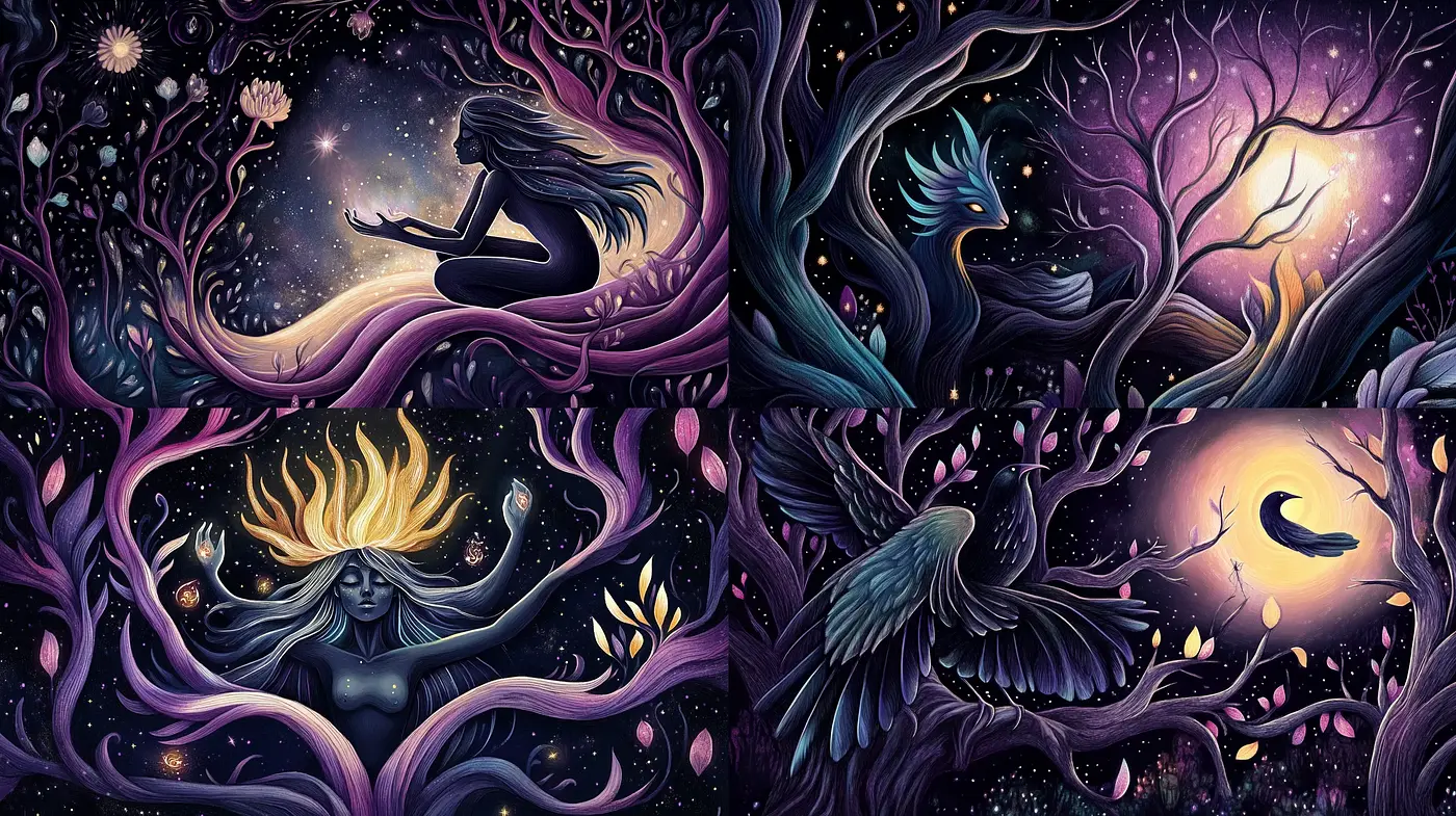 Enigmatic Twilight Serenade: A Fantastical Fusion of Surrealism and Art Nouveau - Midjourney sref style