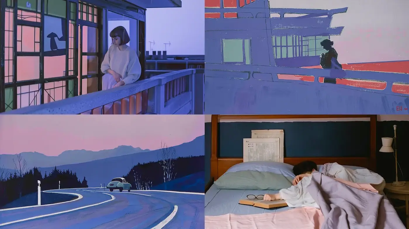 Cohesive Visual Narrative with Sublime Color Harmony and Minimalist Characterization - Midjourney sref style