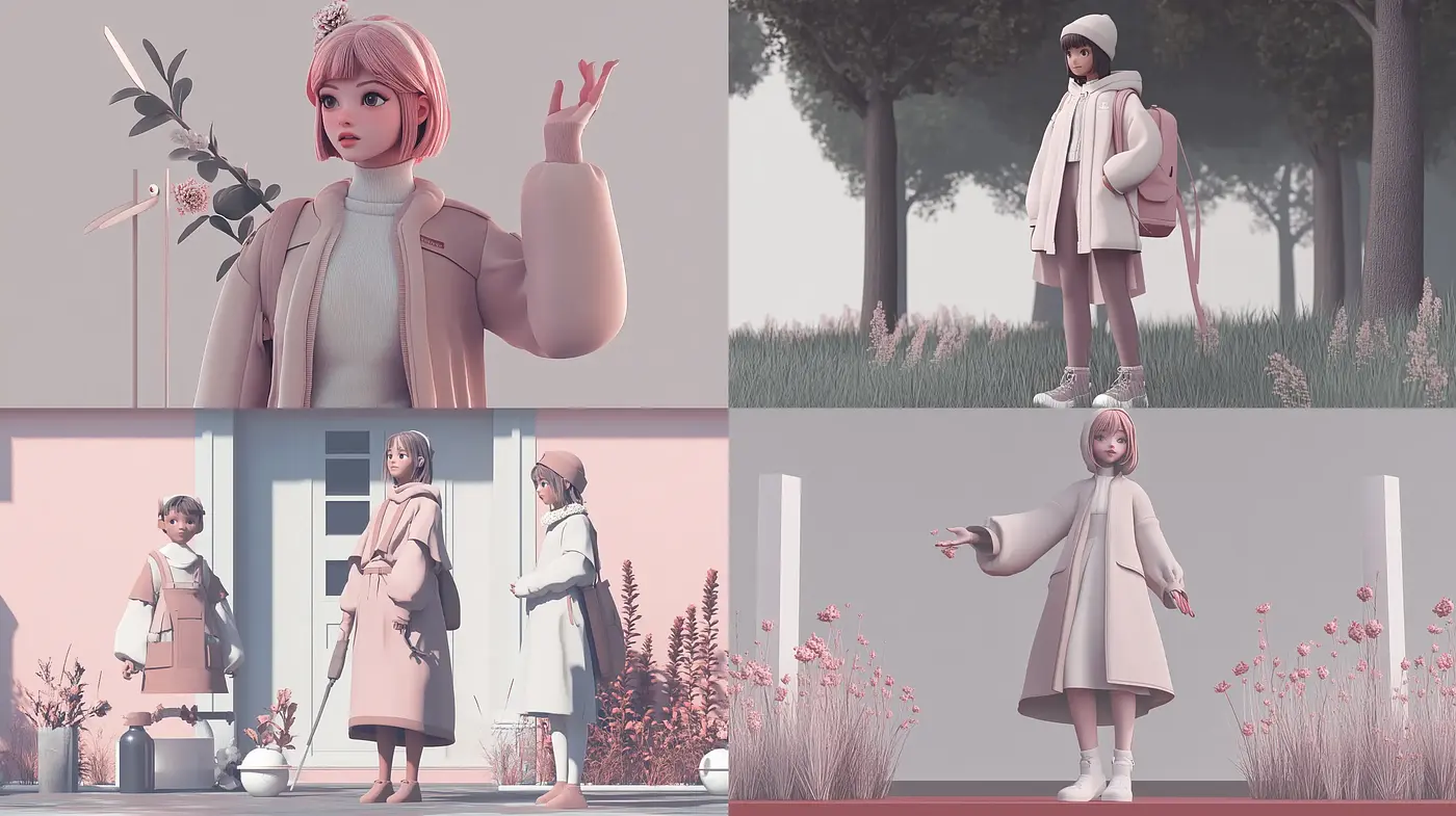 Monochromatic Serenity in Stylized Pastel - Midjourney sref style