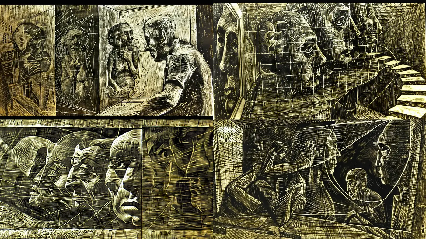 Abstract Cubistic Woodcut Dreamscape - Midjourney sref style