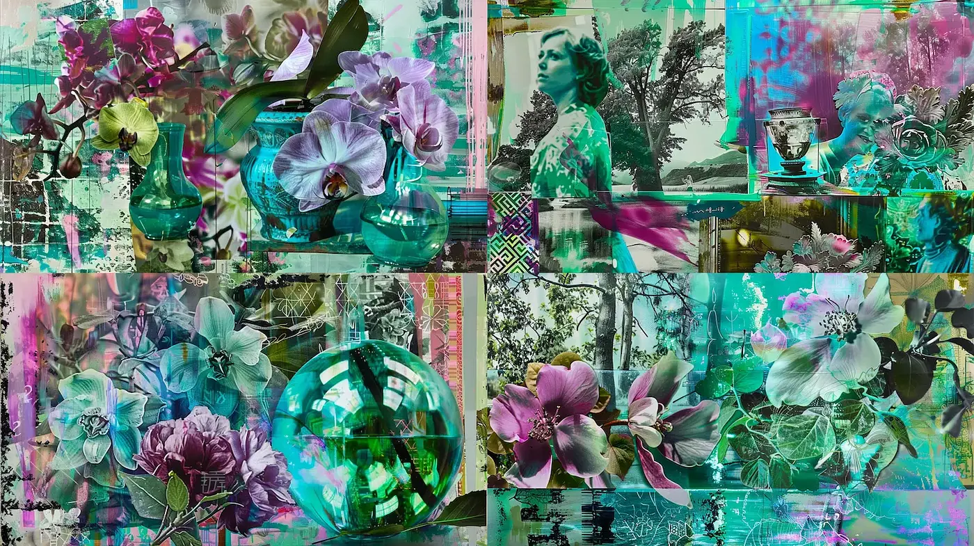 Vibrant Floral Collage with Retro Aesthetics - Midjourney sref style
