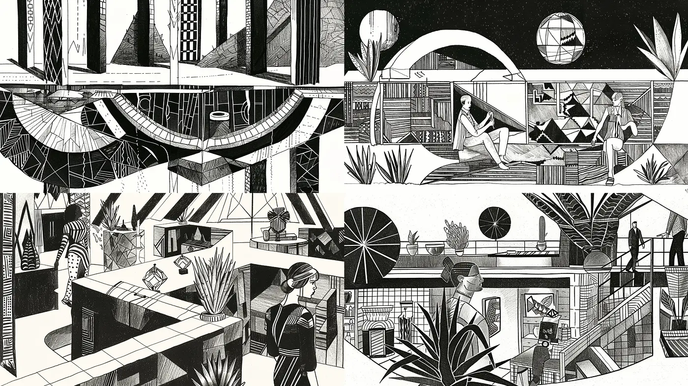 Monochromatic Nostalgia: A Homage to Art Deco and Graphic Novel Aesthetics - Midjourney sref style