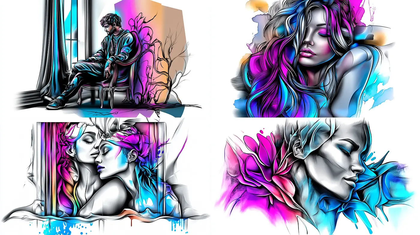 Surreal Vibrance: A Fusion of Neon Outlines and Watercolor Hues - Midjourney sref style