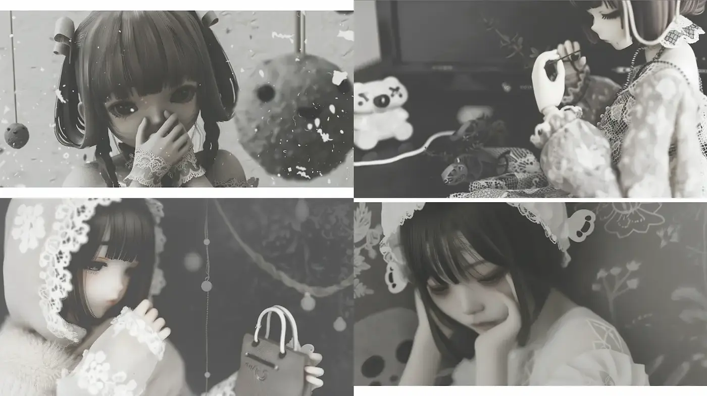 Whimsical and Ethereal Doll Aesthetic with Monochrome Tones - Midjourney sref style