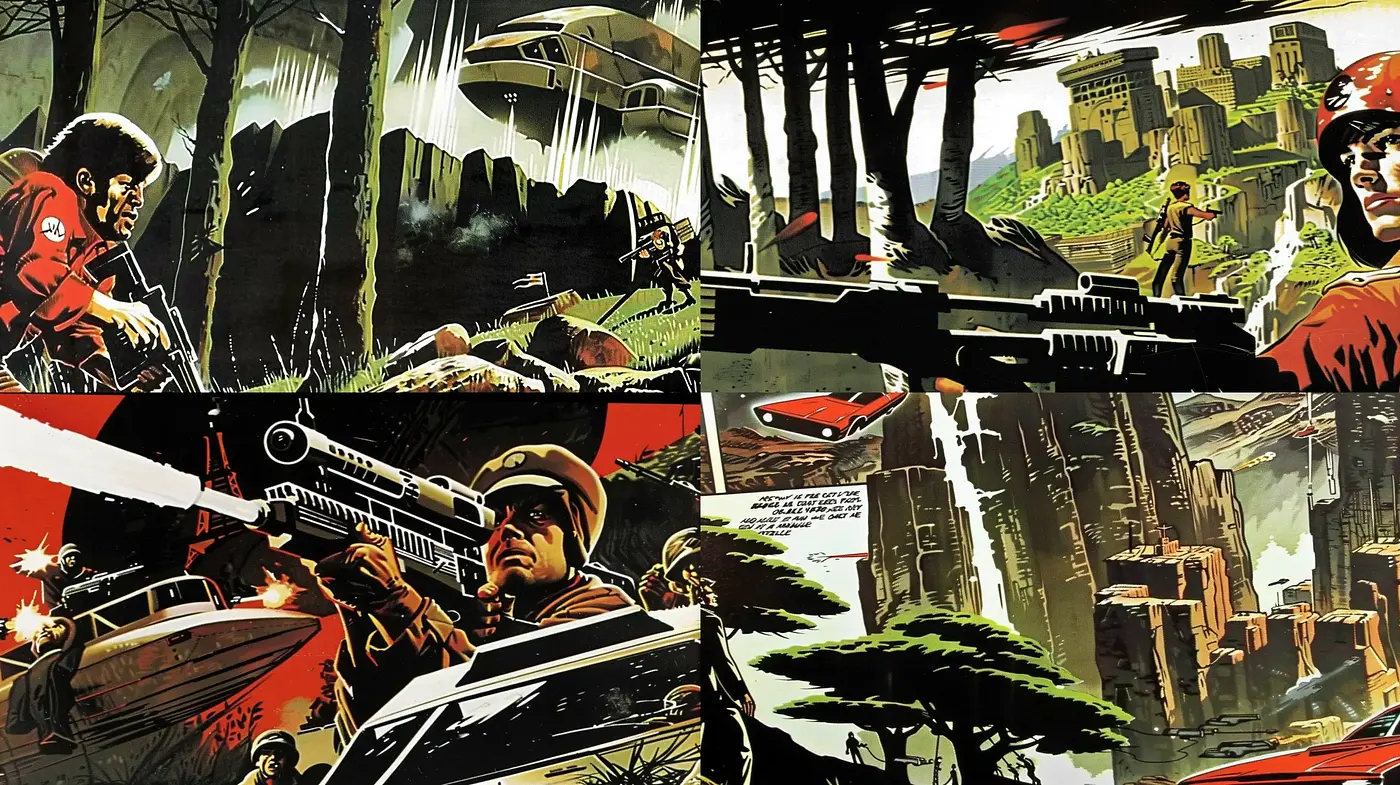 Epic Visual Narrative with a Retro-Comic Book Aesthetic - Midjourney sref style