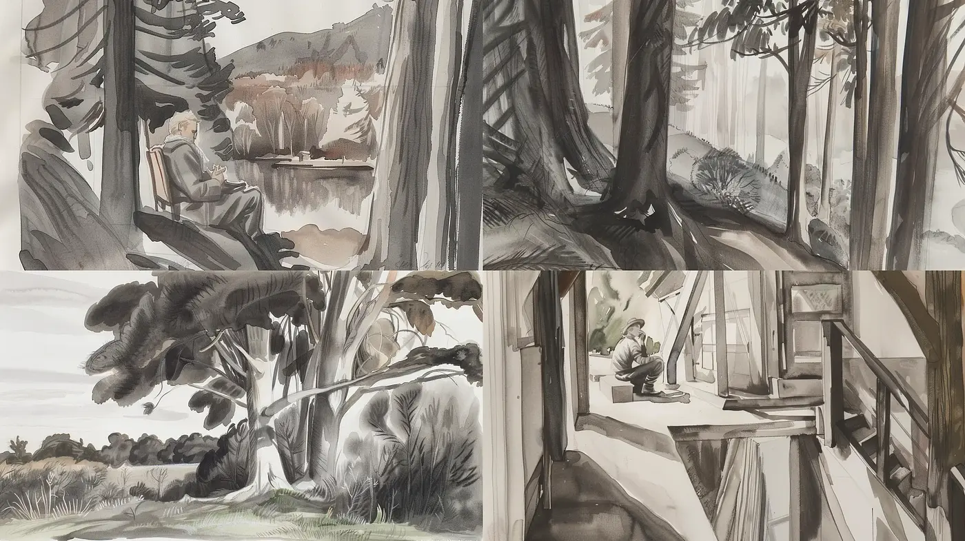 Monochromatic Serenity of Nature: A Consistent Ink Wash Transformation - Midjourney sref style