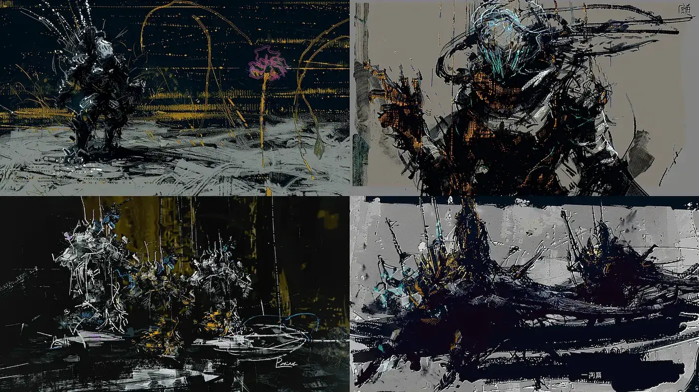 Dynamic Abstract Expressionism with a Futuristic Edge - Midjourney sref style
