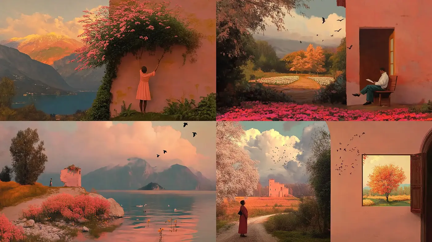 Serene Twilight Hues in Idyllic Landscapes - Midjourney sref style