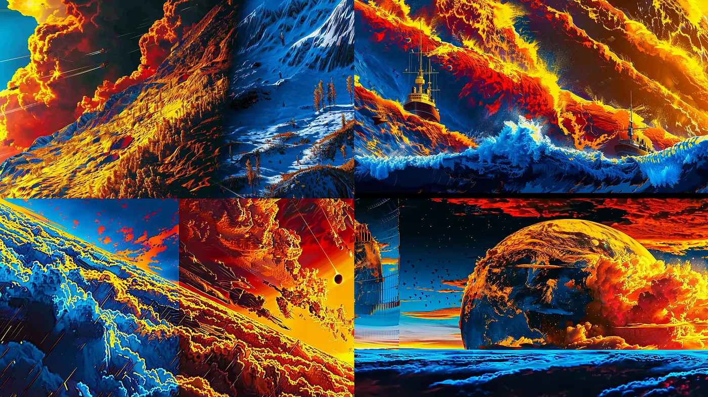 Fiery Digital Seascape: A Vivid Synthesis of Dynamic Waves and Cosmic Vistas - Midjourney sref style